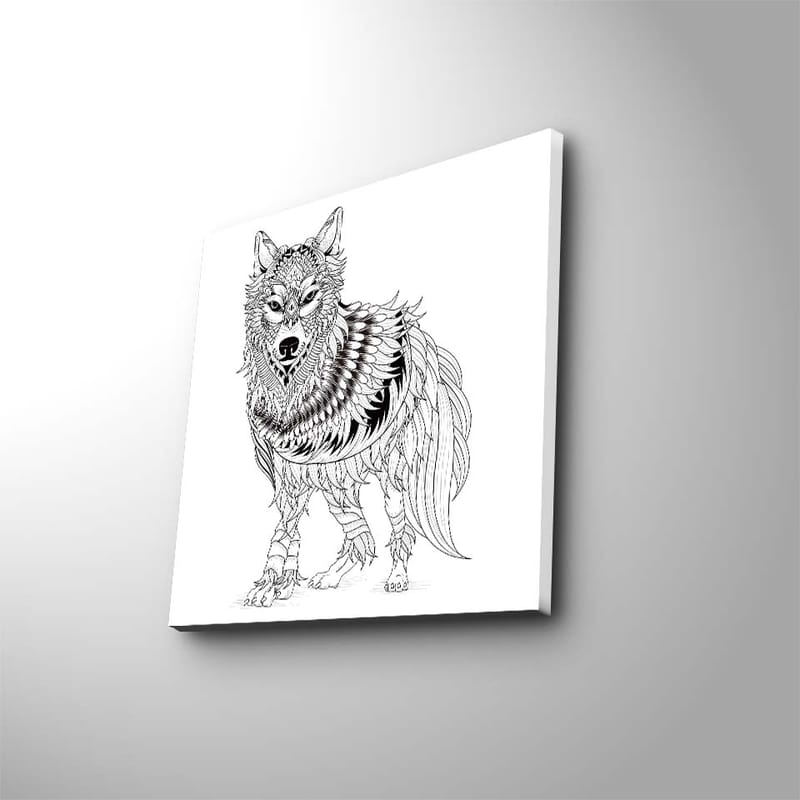 Canvas-taulu 45x45 cm - Yksityiskohtainen kuva sudesta höyhenillä ja koristekuvioilla, Musta / Valkoinen