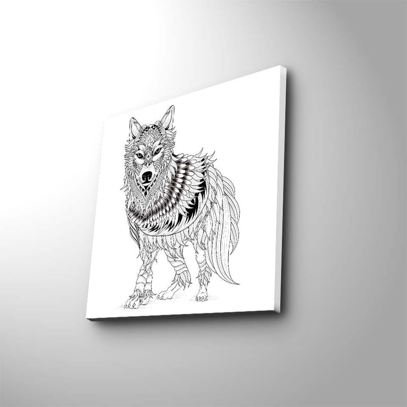 Canvas-taulu 45x45 cm - Yksityiskohtainen kuva sudesta höyhenillä ja koristekuvioilla, Musta / Valkoinen
