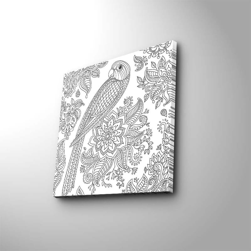 Canvas-taulu 45x45 cm - Yksityiskohtainen kuva papukaijasta kukkien ja kuvioiden ympäröimänä - Musta / Valkoinen - Sisustustuotteet - Taulu & taide - Canvas-taulu