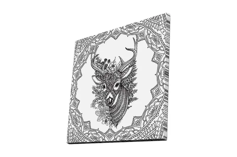 Canvas-taulu 45x45 cm - Yksityiskohtainen kuva peuran päästä koristekuvioiden ympäröimänä, Musta / Valkoinen