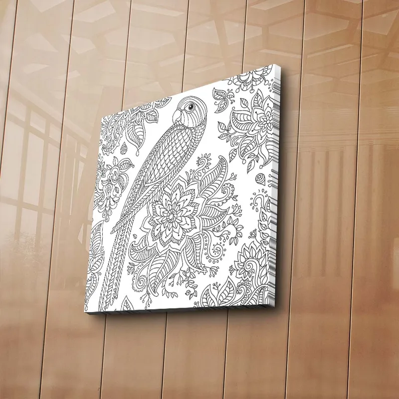 Canvas-taulu 45x45 cm - Yksityiskohtainen kuva papukaijasta kukkien ja kuvioiden ympäröimänä, Musta / Valkoinen