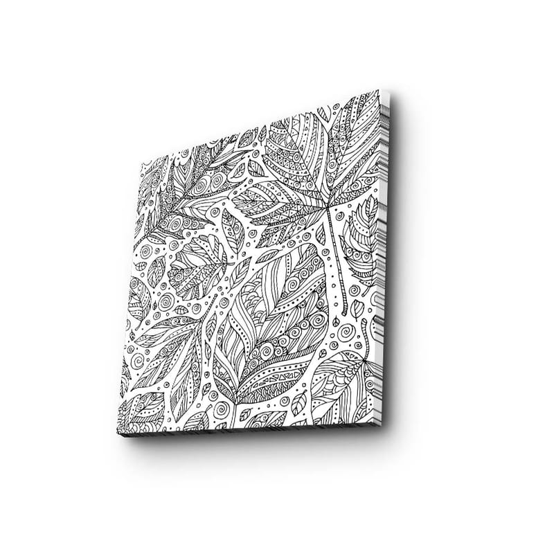 Canvas-taulu 45x45 cm - Yksityiskohtainen lehtien sommittelu kuvioilla ja viivoilla - Musta / Valkoinen - Sisustustuotteet - Taulu & taide - Canvas-taulu