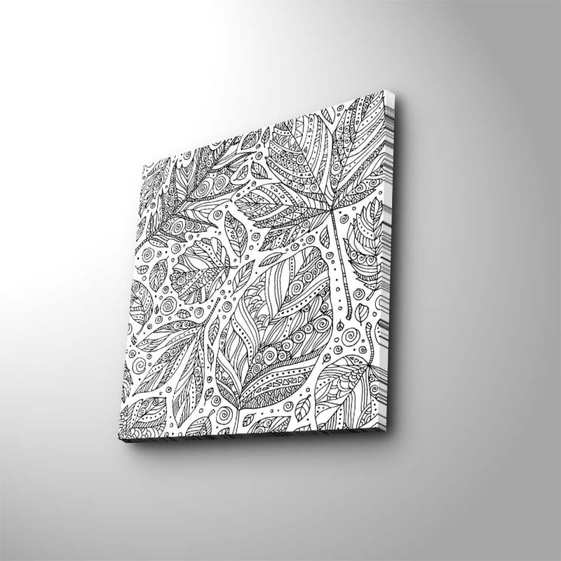 Canvas-taulu 45x45 cm - Yksityiskohtainen lehtien sommittelu kuvioilla ja viivoilla, Musta / Valkoinen