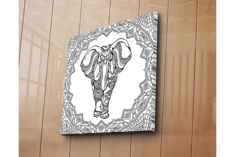 Canvas-taulu 45x45 cm - Yksityiskohtainen mustavalkoinen kuva norsusta koristekuvioiden ympäröimänä - Musta / Valkoinen - Sisustustuotteet - Taulu & taide - Canvas-taulu