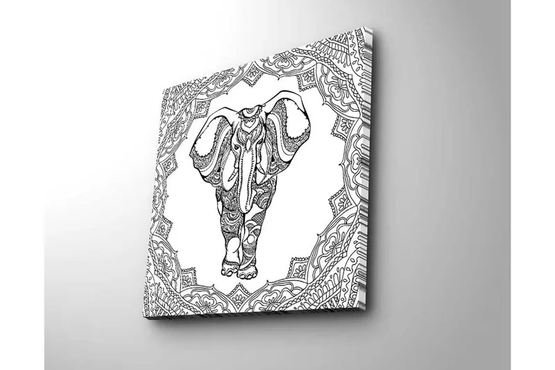 Canvas-taulu 45x45 cm - Yksityiskohtainen mustavalkoinen kuva norsusta koristekuvioiden ympäröimänä - Musta / Valkoinen - Sisustustuotteet - Taulu & taide - Canvas-taulu