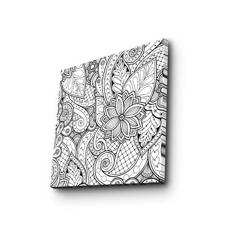 Canvas-taulu 45x45 cm - Yksityiskohtainen mustavalkoinen kuvio, jossa on kukkia ja kaarevia viivoja, Musta / Valkoinen