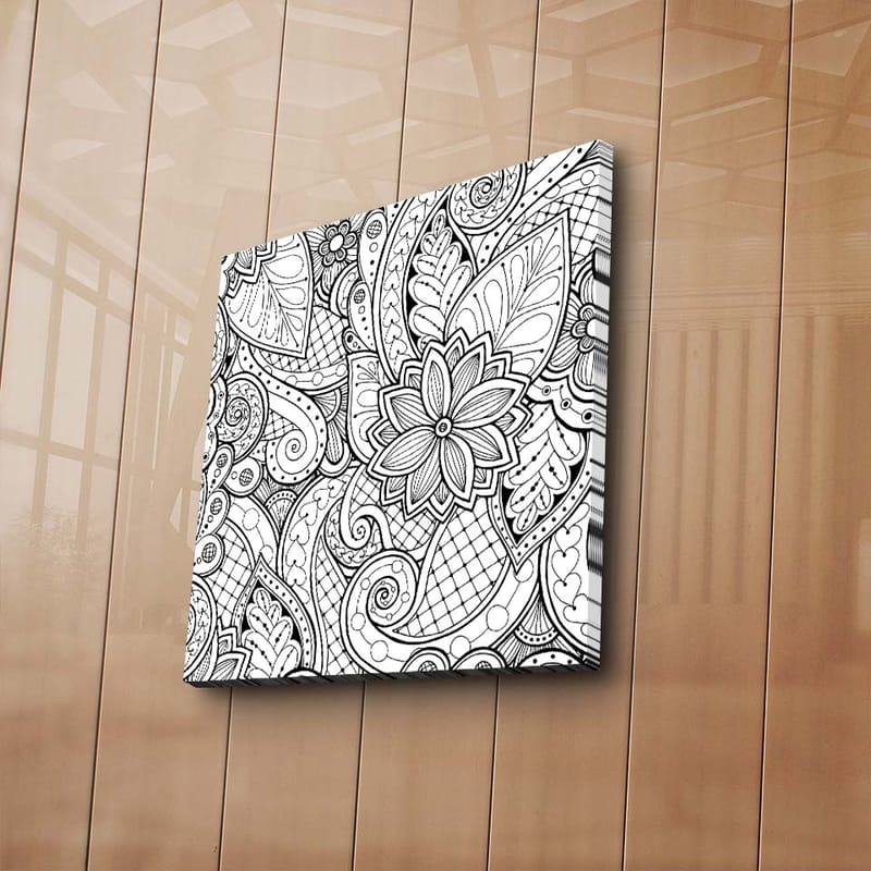 Canvas-taulu 45x45 cm - Yksityiskohtainen mustavalkoinen kuvio, jossa on kukkia ja kaarevia viivoja - Musta / Valkoinen - Sisustustuotteet - Taulu & taide - Canvas-taulu