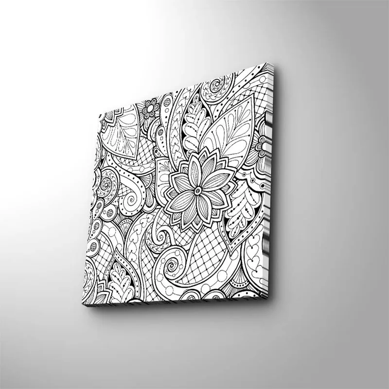 Canvas-taulu 45x45 cm - Yksityiskohtainen mustavalkoinen kuvio, jossa on kukkia ja kaarevia viivoja - Musta / Valkoinen - Sisustustuotteet - Taulu & taide - Canvas-taulu