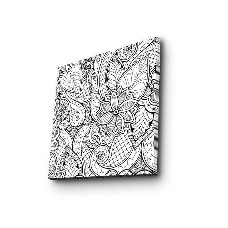 Canvas-taulu 45x45 cm - Yksityiskohtainen mustavalkoinen kuvio, jossa on kukkia ja kaarevia viivoja, Musta / Valkoinen