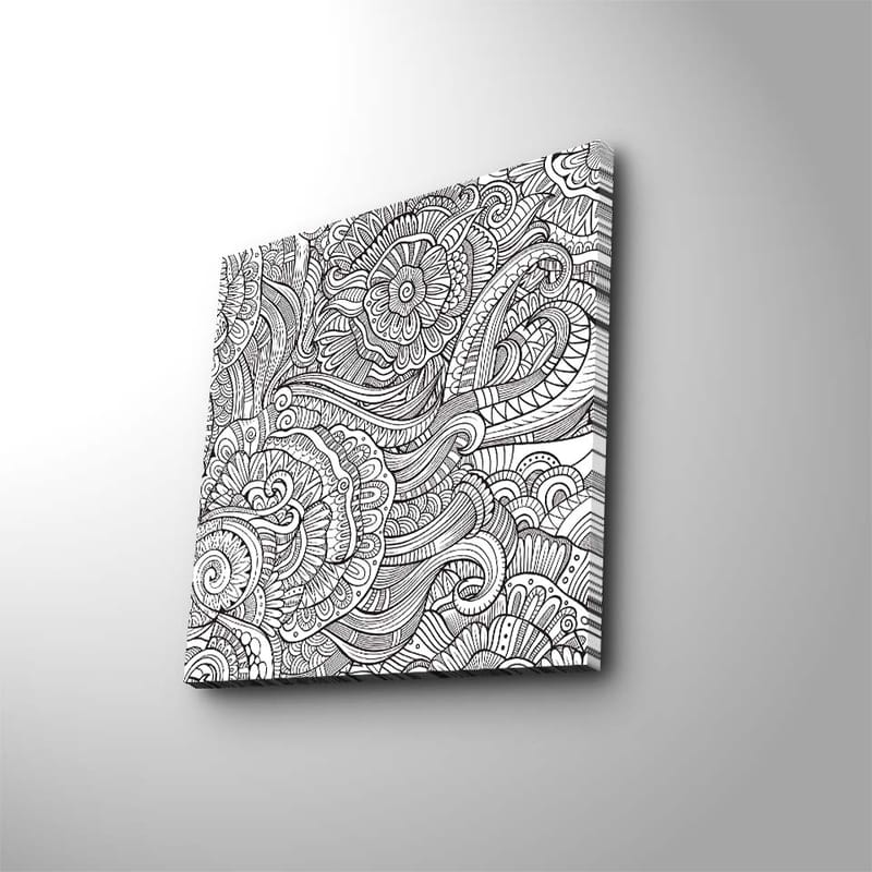 Canvas-taulu 45x45 cm - Yksityiskohtainen mustavalkoinen kuviosommitelma kukilla ja kaarevilla viivoilla - Musta / Valkoinen - Sisustustuotteet - Taulu & taide - Canvas-taulu