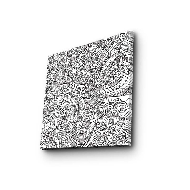 Canvas-taulu 45x45 cm - Yksityiskohtainen mustavalkoinen kuviosommitelma kukilla ja kaarevilla viivoilla, Musta / Valkoinen