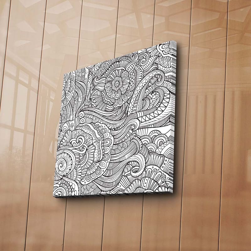 Canvas-taulu 45x45 cm - Yksityiskohtainen mustavalkoinen kuviosommitelma kukilla ja kaarevilla viivoilla - Musta / Valkoinen - Sisustustuotteet - Taulu & taide - Canvas-taulu