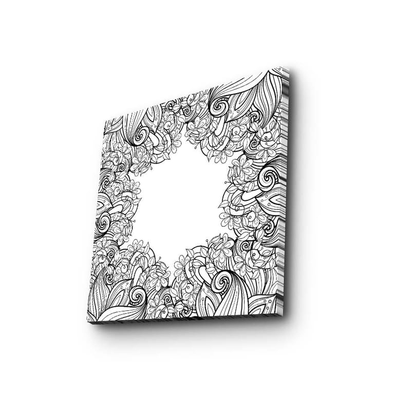 Canvas-taulu 45x45 cm - Yksityiskohtainen mustavalkoinen kuviosommitelma kukilla ja kaarevilla viivoilla, Musta / Valkoinen