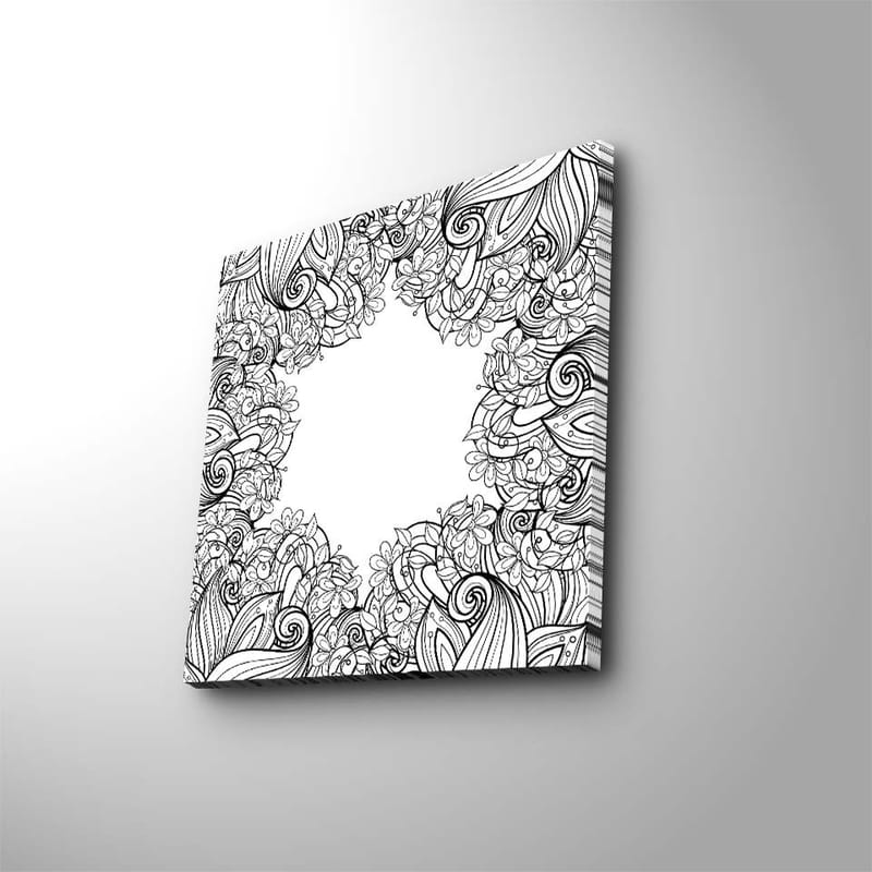 Canvas-taulu 45x45 cm - Yksityiskohtainen mustavalkoinen kuviosommitelma kukilla ja kaarevilla viivoilla - Musta / Valkoinen - Sisustustuotteet - Taulu & taide - Canvas-taulu