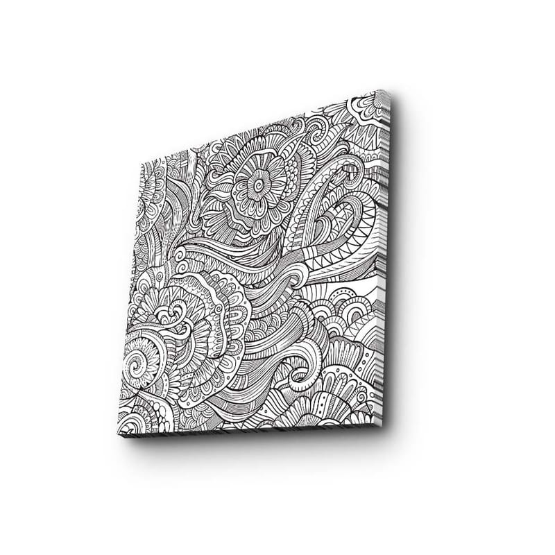 Canvas-taulu 45x45 cm - Yksityiskohtainen mustavalkoinen kuviosommitelma kukilla ja kaarevilla viivoilla, Musta / Valkoinen