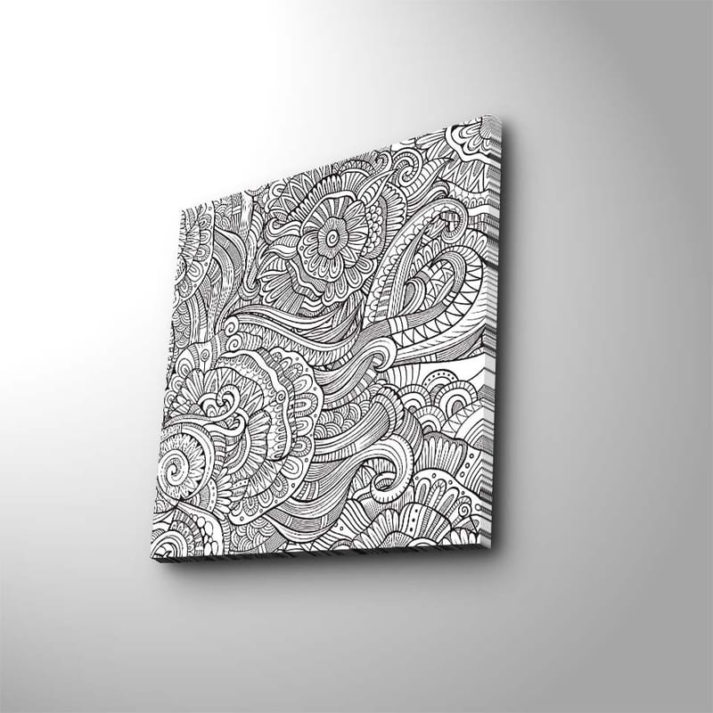 Canvas-taulu 45x45 cm - Yksityiskohtainen mustavalkoinen kuviosommitelma kukilla ja kaarevilla viivoilla - Musta / Valkoinen - Sisustustuotteet - Taulu & taide - Canvas-taulu