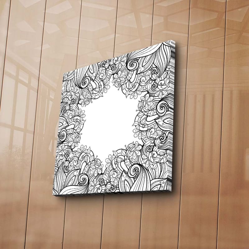 Canvas-taulu 45x45 cm - Yksityiskohtainen mustavalkoinen kuviosommitelma kukilla ja kaarevilla viivoilla - Musta / Valkoinen - Sisustustuotteet - Taulu & taide - Canvas-taulu