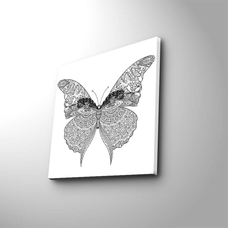 Canvas-taulu 45x45 cm - Yksityiskohtainen mustavalkoinen perhonen monimutkaisilla kuvioilla, Musta / Valkoinen