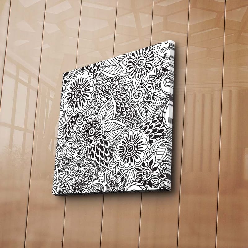 Canvas-taulu 45x45 cm - Yksityiskohtainen sommittelu kukista ja spiraaleista - Musta / Valkoinen - Sisustustuotteet - Taulu & taide - Canvas-taulu