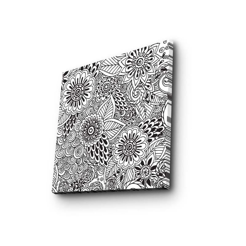 Canvas-taulu 45x45 cm - Yksityiskohtainen sommittelu kukista ja spiraaleista, Musta / Valkoinen