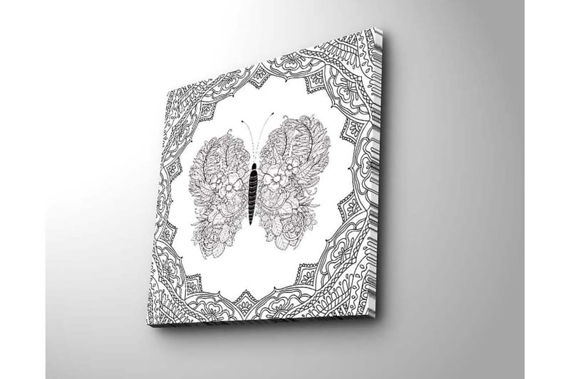 Canvas-taulu 45x45 cm - Yksityiskohtainen perhonen kukkakuviolla symmetrisessä sommitelmassa - Musta / Valkoinen - Sisustustuotteet - Taulu & taide - Canvas-taulu