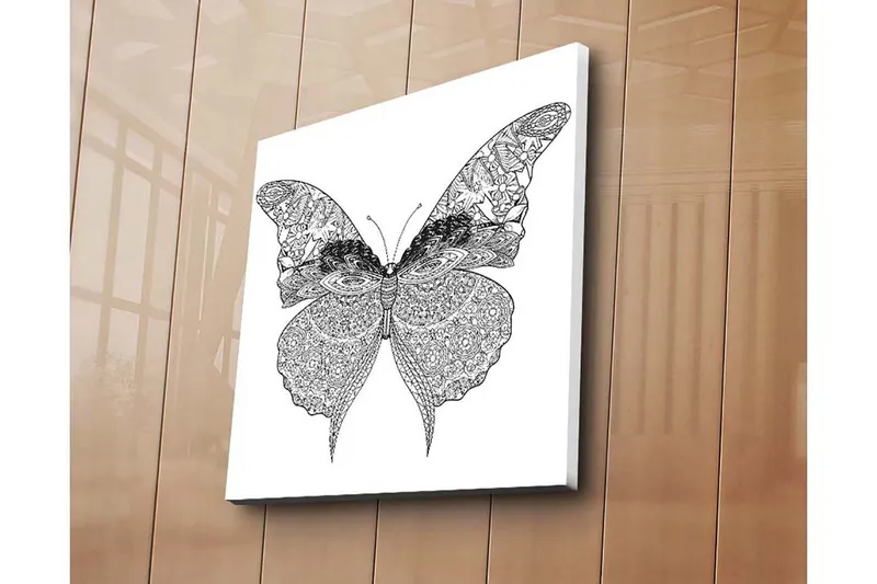Canvas-taulu 45x45 cm - Yksityiskohtainen perhonen monimutkaisilla kuvioilla, Musta / Valkoinen