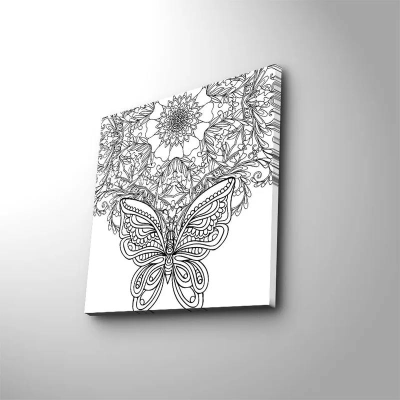 Canvas-taulu 45x45 cm - Yksityiskohtainen perhonen kukkien ja kuvioiden ympäröimänä, Musta / Valkoinen