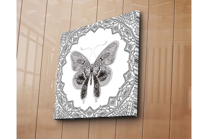 Canvas-taulu 45x45 cm - Yksityiskohtainen perhonen koristekuvioiden ympäröimänä, Musta / Valkoinen