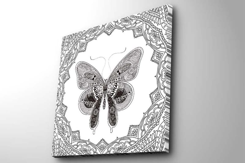 Canvas-taulu 45x45 cm - Yksityiskohtainen perhonen koristekuvioiden ympäröimänä - Musta / Valkoinen - Sisustustuotteet - Taulu & taide - Canvas-taulu