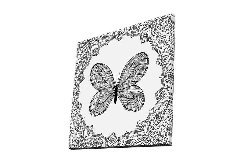 Canvas-taulu 45x45 cm - Yksityiskohtainen perhonen koristekuvioiden ympäröimänä, Musta / Valkoinen