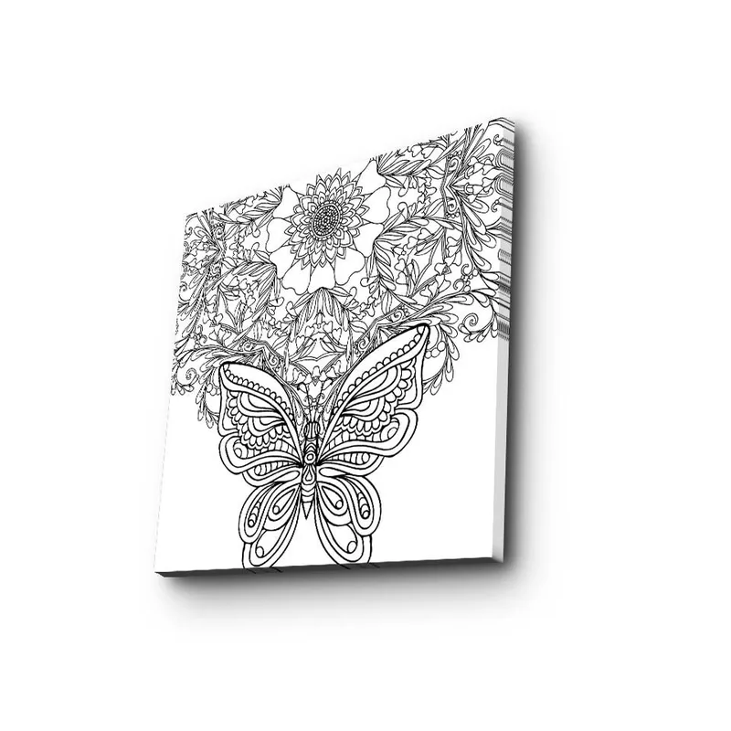 Canvas-taulu 45x45 cm - Yksityiskohtainen perhonen kukkien ja kuvioiden ympäröimänä - Musta / Valkoinen - Sisustustuotteet - Taulu & taide - Canvas-taulu