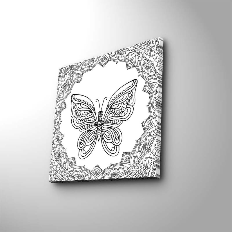 Canvas-taulu 45x45 cm - Yksityiskohtainen perhonen koristekuvioiden ympäröimänä - Musta / Valkoinen - Sisustustuotteet - Taulu & taide - Canvas-taulu