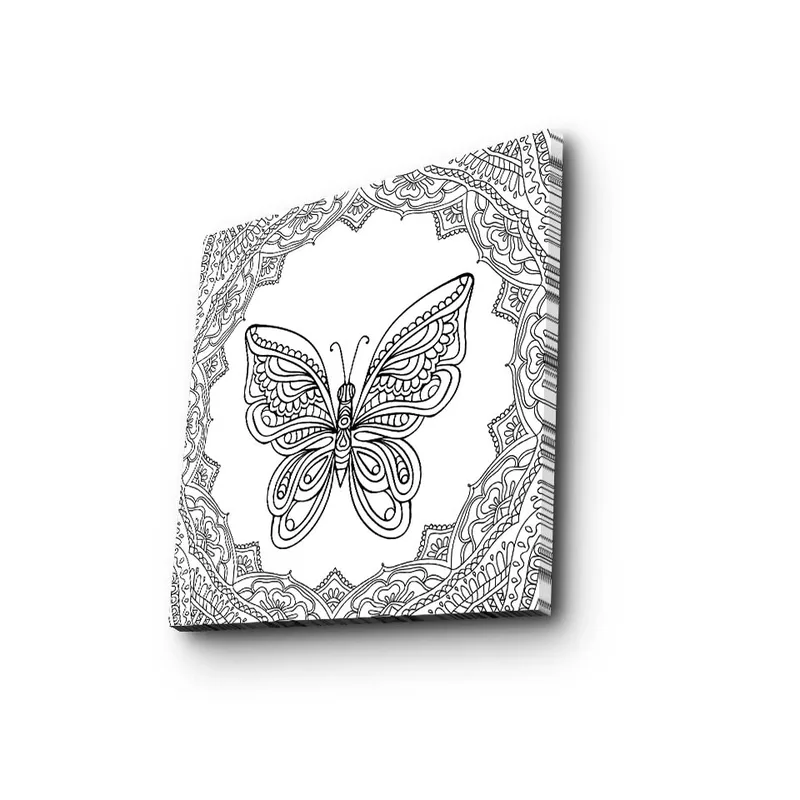 Canvas-taulu 45x45 cm - Yksityiskohtainen perhonen koristekuvioiden ympäröimänä - Musta / Valkoinen - Sisustustuotteet - Taulu & taide - Canvas-taulu