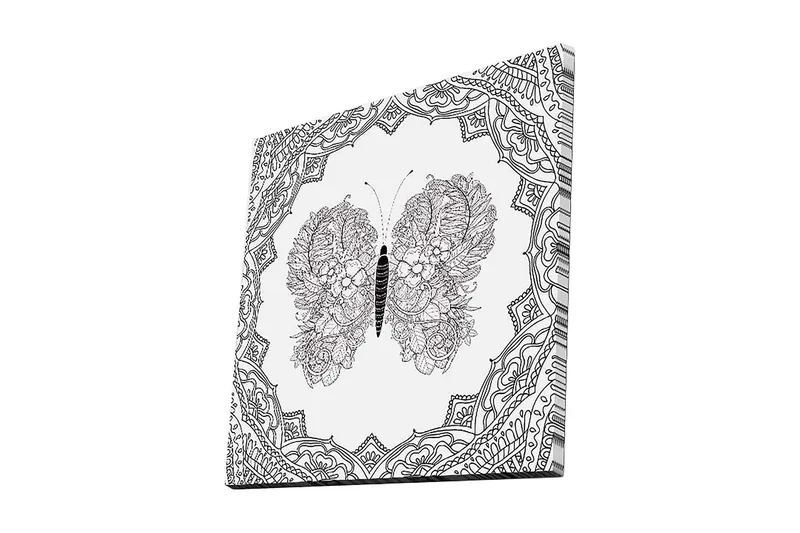 Canvas-taulu 45x45 cm - Yksityiskohtainen perhonen kukkakuviolla symmetrisessä sommitelmassa, Musta / Valkoinen