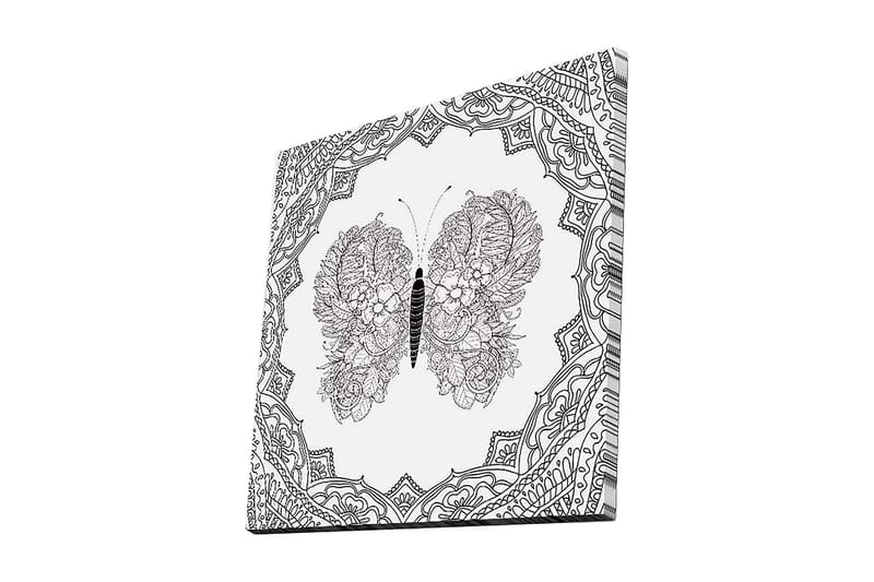 Canvas-taulu 45x45 cm - Yksityiskohtainen perhonen kukkakuviolla ja koristelulla, Musta / Valkoinen