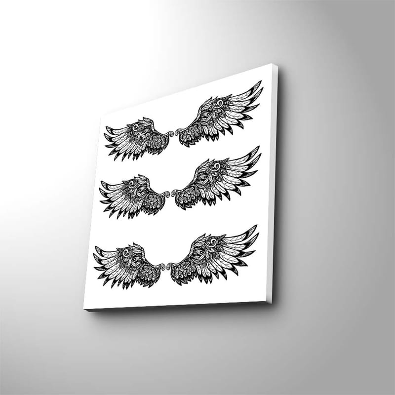 Canvas-taulu 45x45 cm - Yksityiskohtaiset höyhenet symmetrisessä siipikoostumuksessa, Musta / Valkoinen