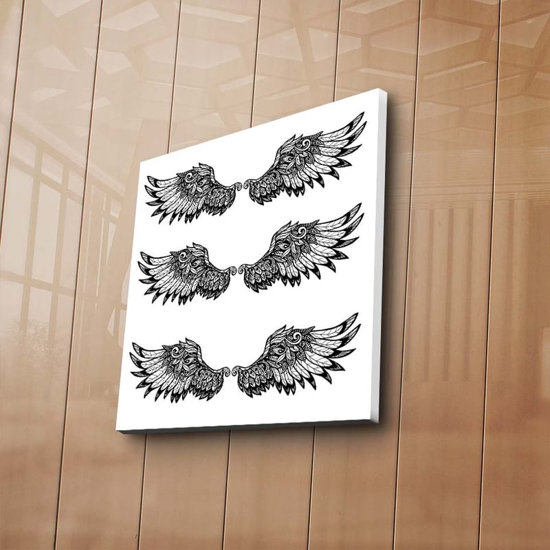 Canvas-taulu 45x45 cm - Yksityiskohtaiset höyhenet symmetrisessä siipikoostumuksessa - Musta / Valkoinen - Sisustustuotteet - Taulu & taide - Canvas-taulu