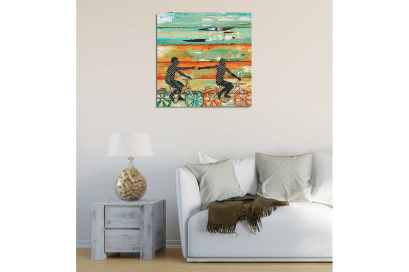 Canvas-taulu 45x45 cm - Pyöräilevät ihmiset ojentavat käsiään toisiaan kohti - Turkoosi / Oranssi / Musta - Sisustustuotteet - Taulu & taide - Canvas-taulu