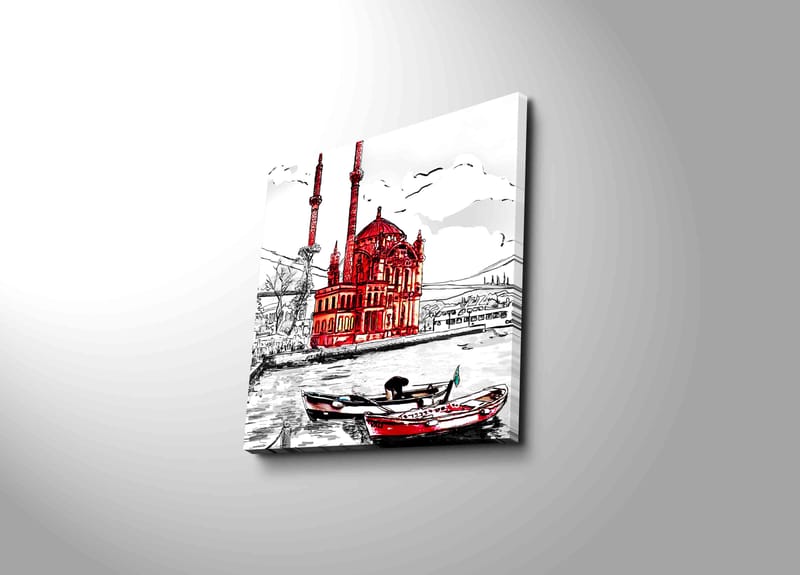 Canvas-taulu 45x45 cm - Punainen moskeija veden äärellä, etualalla veneitä - Punainen / Musta / Valkoinen - Sisustustuotteet - Taulu & taide - Canvas-taulu