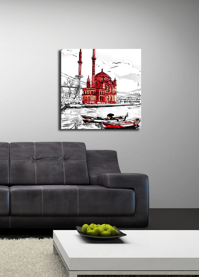 Canvas-taulu 45x45 cm - Punainen moskeija veden äärellä, etualalla veneitä - Punainen / Musta / Valkoinen - Sisustustuotteet - Taulu & taide - Canvas-taulu