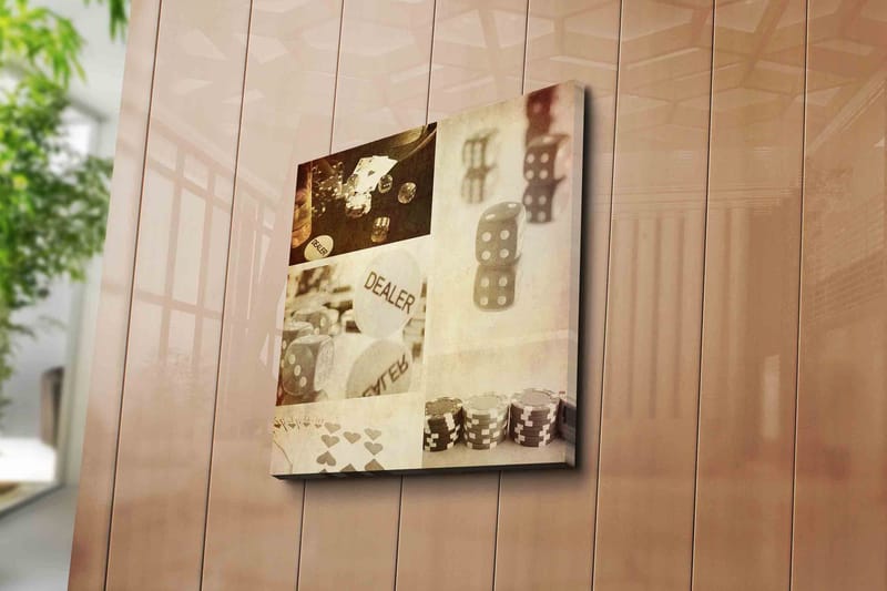 Canvas-taulu 45x45 cm - Peliaiheinen sommitelma nopilla ja pelimerkeillä - Harmaa / Valkoinen / Beige - Sisustustuotteet - Taulu & taide - Canvas-taulu