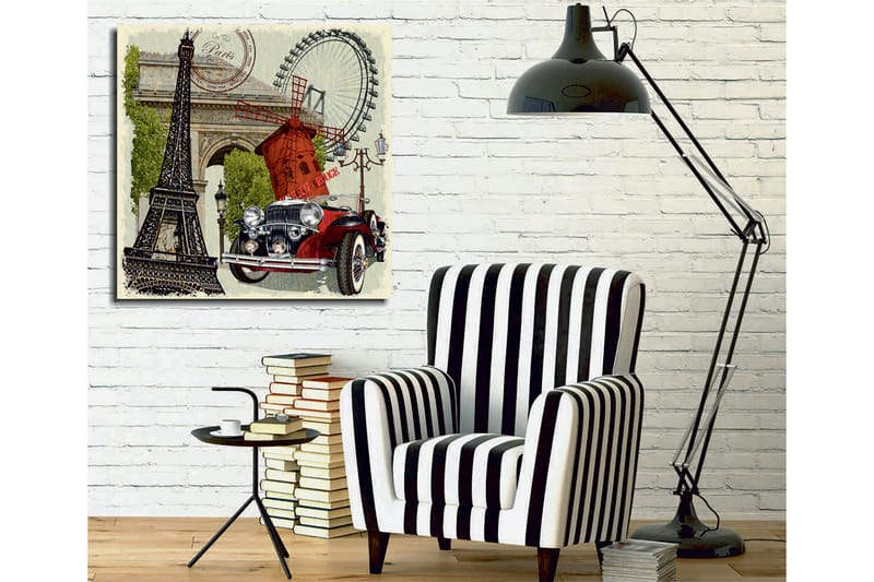 Canvas-taulu 45x45 cm - Pariisista inspiroitunut sommitelma Eiffel-tornilla, punaisella autolla ja tuulimyllyllä - Punainen / Musta / Vihreä - Sisustustuotteet - Taulu & taide - Canvas-taulu