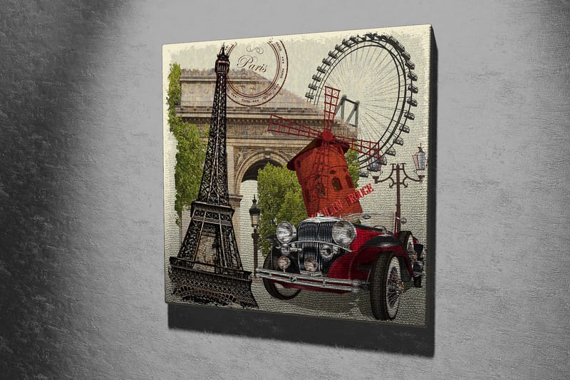 Canvas-taulu 45x45 cm - Pariisista inspiroitunut sommitelma Eiffel-tornilla, punaisella autolla ja tuulimyllyllä - Punainen / Musta / Vihreä - Sisustustuotteet - Taulu & taide - Canvas-taulu