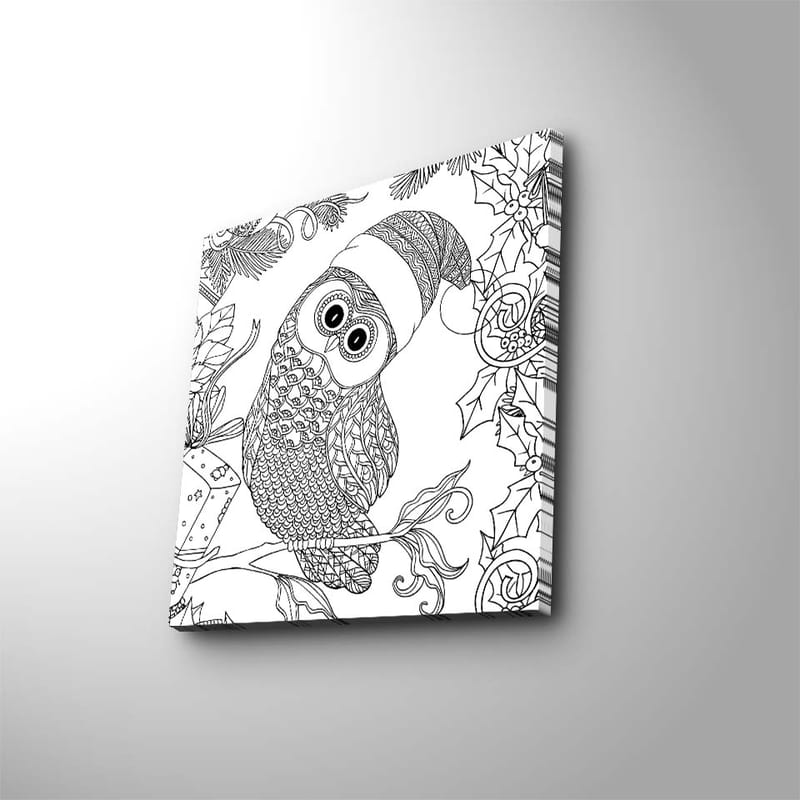 Canvas-taulu 45x45 cm - Pöllö tontunhatulla ja joulukoristeiden ympäröimänä, Musta / Valkoinen