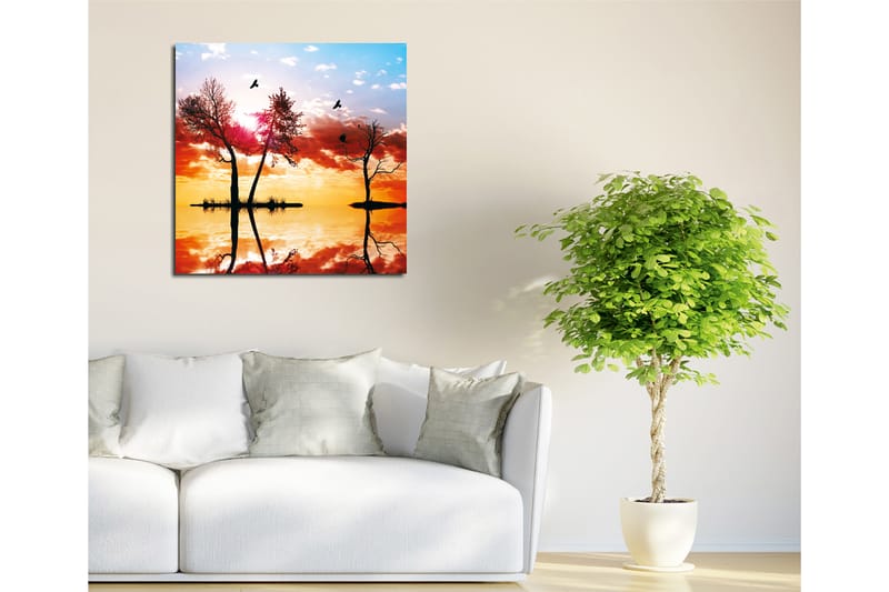 Canvas-taulu 45x45 cm - Puiden siluetteja auringonlaskussa ja heijastuksia vedessä - Oranssi / Vaaleanpunainen / Sininen - Sisustustuotteet - Taulu & taide - Canvas-taulu