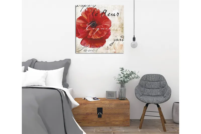 Canvas-taulu 45x45 cm - Punainen unikko käsinkirjoitetulla tekstillä taustalla - Punainen / Beige / Musta - Sisustustuotteet - Taulu & taide - Canvas-taulu