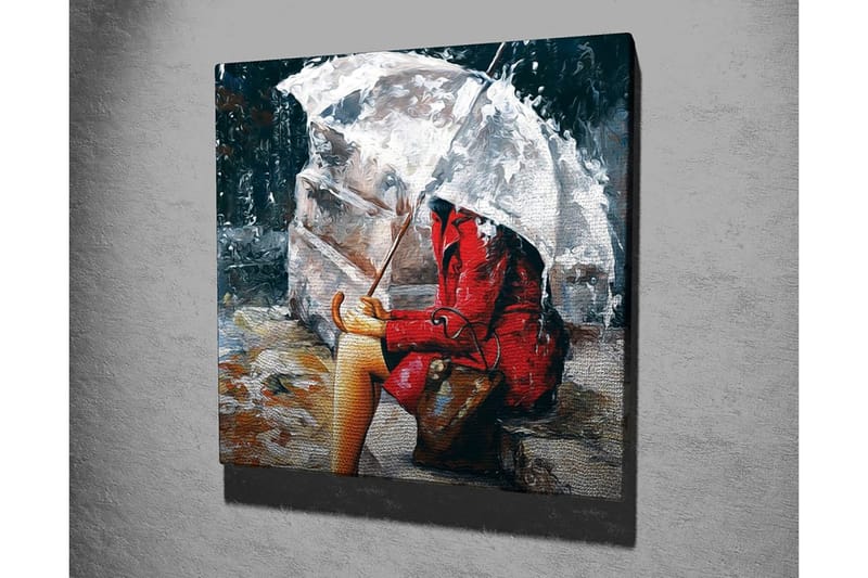 Canvas-taulu 45x45 cm - Punatakkinen nainen istuu sateenvarjon alla sateessa - Punainen / Harmaa / Beige - Sisustustuotteet - Taulu & taide - Canvas-taulu