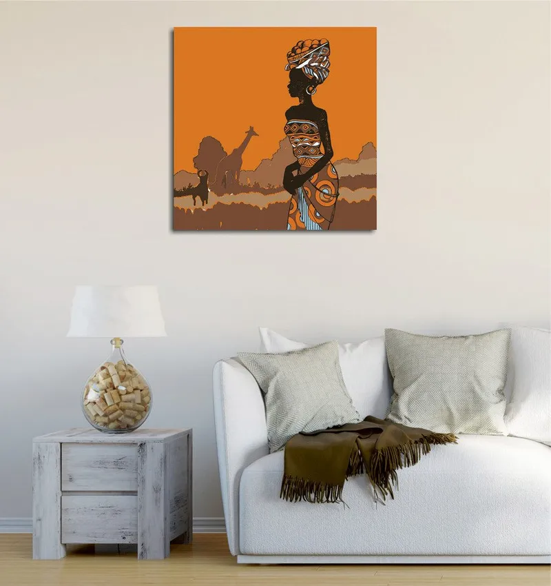 Canvas-taulu 45x45 cm - Perinteisiin vaatteisiin pukeutuneen naisen siluetti oranssia taustaa vasten, Oranssi / Musta / Ruskea