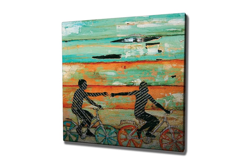 Canvas-taulu 45x45 cm - Pyöräilevät ihmiset ojentavat käsiään toisiaan kohti - Turkoosi / Oranssi / Musta - Sisustustuotteet - Taulu & taide - Canvas-taulu