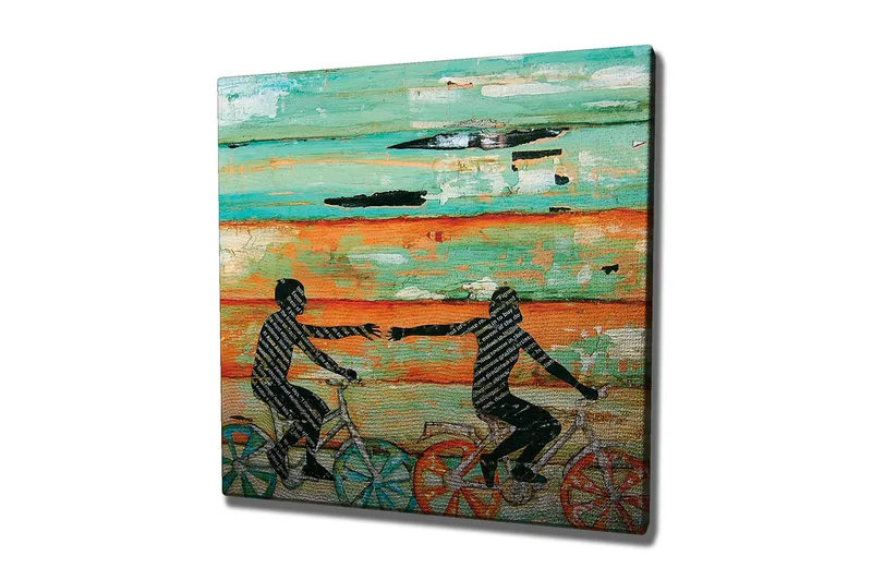 Canvas-taulu 45x45 cm - Pyöräilevät ihmiset ojentavat käsiään toisiaan kohti - Turkoosi / Oranssi / Musta - Sisustustuotteet - Taulu & taide - Canvas-taulu